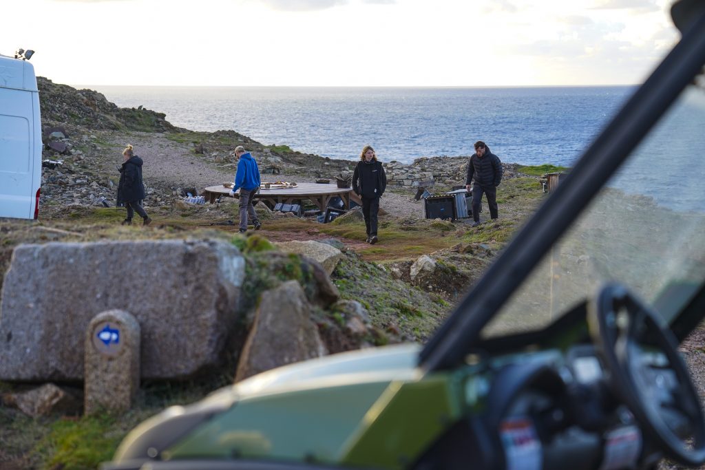 Photo of the sound team among the ruins of Geevor. Wildworks landscape theatre's production of Stranger Beats. Photos by Hugh Hastings