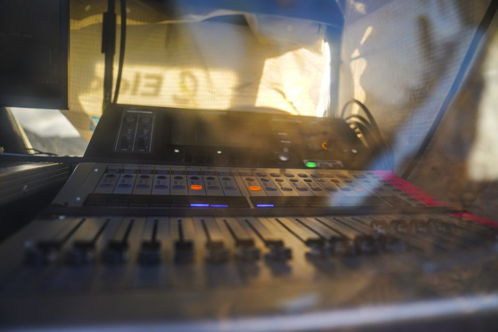 The sound deck, inside the electric gator vehicle. For Wildworks landscape theatre company's rehearsal for their new production "Stranger Beasts". Photographed for Wildworks by Hugh Hastings