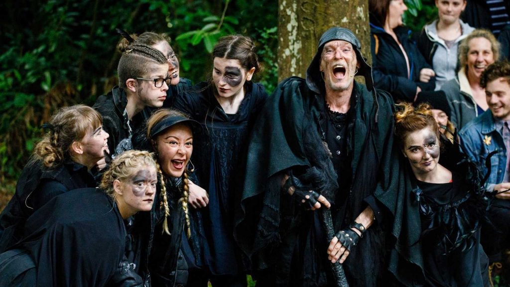 The cast of Wolf's Child on set at Trelowarren for Wildworks.